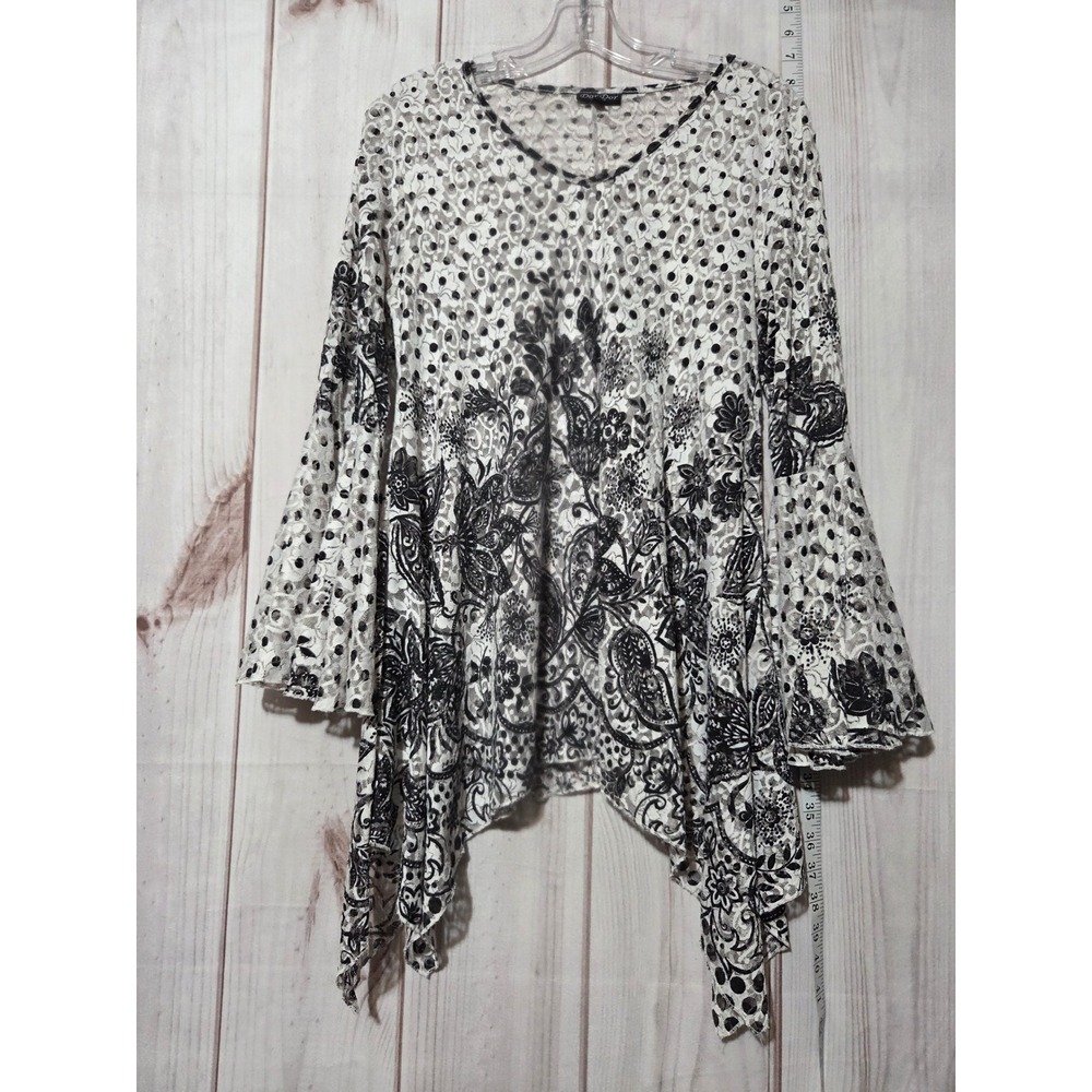 Black Floral Print Bell Sleeve Handkerchief Hem Lace Overlay Ladies Small